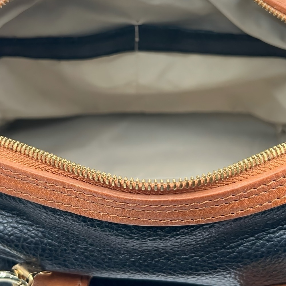 Valentina Pebbled Italian Leather Satchel Bag Navy Tan Top Handle Crossbody - Picture 11 of 14